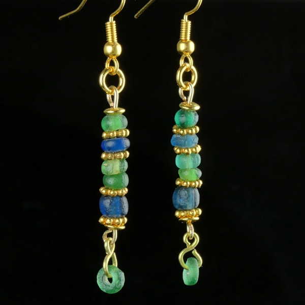Earrings with Ancient Roman Green and Blue Glass Beads