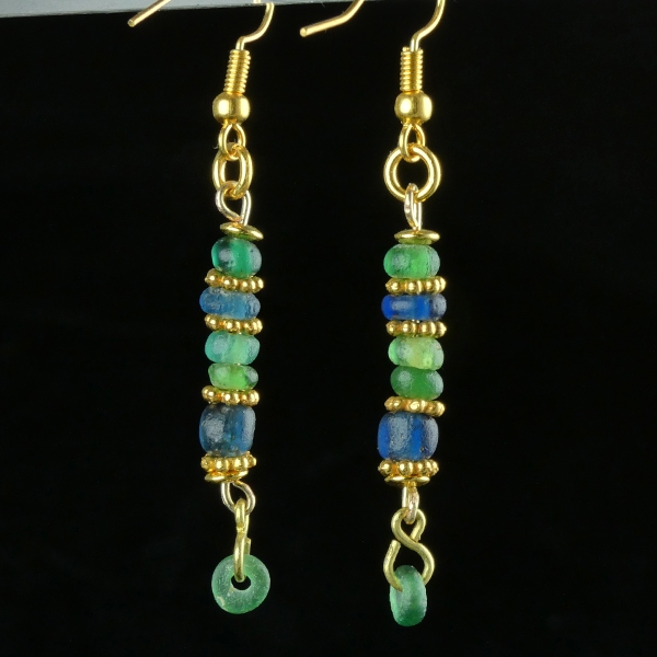 Earrings with Ancient Roman Green and Blue Glass Beads