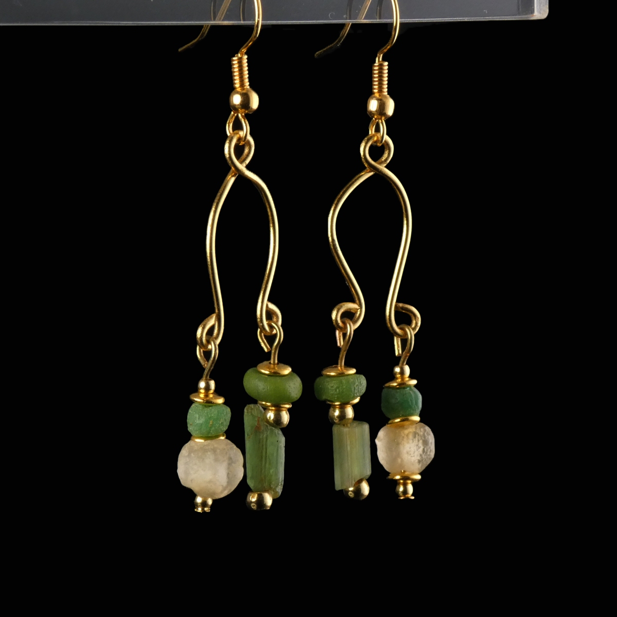 Earrings with Ancient Roman Green and Semi-Translucent Glass Beads