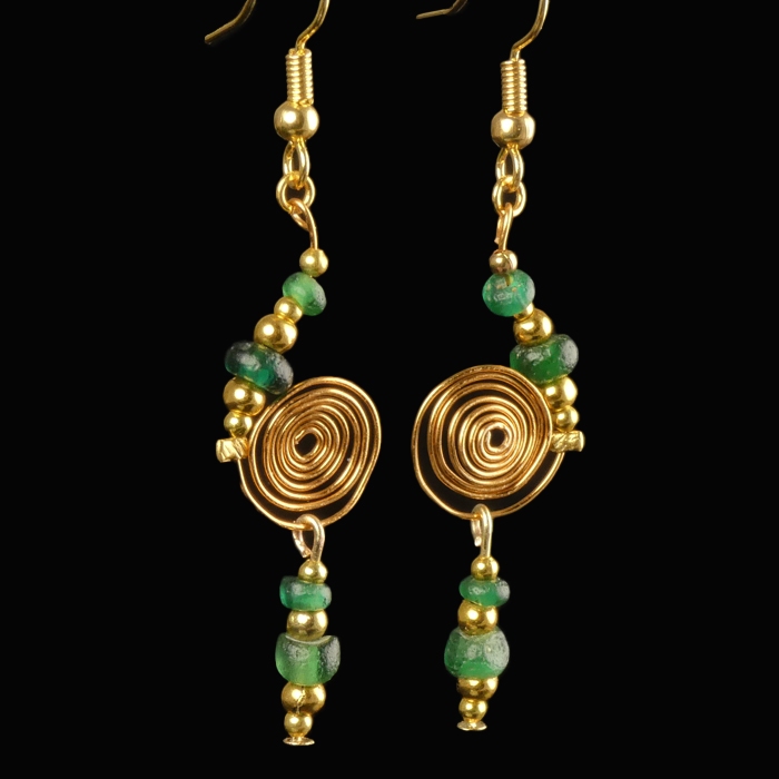 Earrings with Ancient Roman Green Glass Beads - Spiral Design