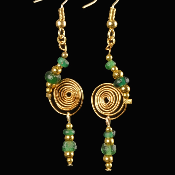 Earrings with Ancient Roman Green Glass Beads - Spiral Design