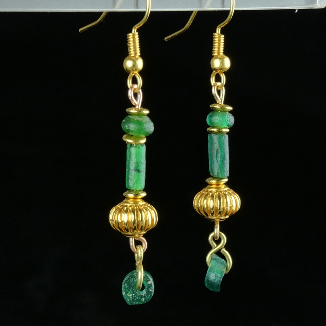 Earrings with Ancient Roman Green Glass Beads