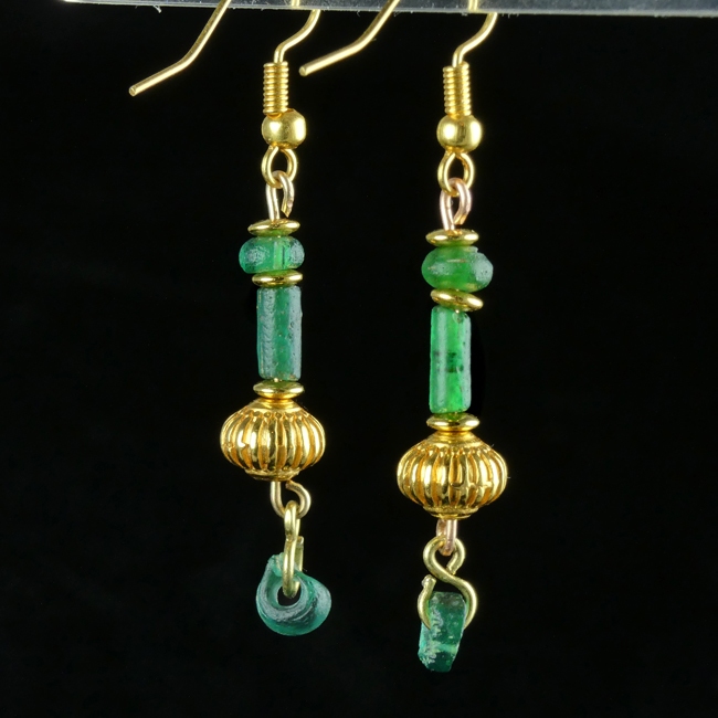 Earrings with Ancient Roman Green Glass Beads