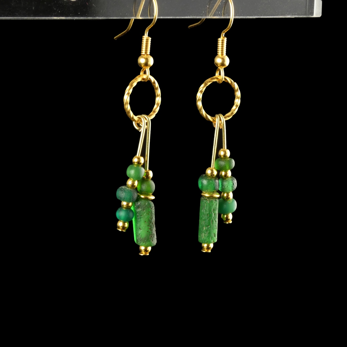 Earrings with Ancient Roman Green Glass Beads