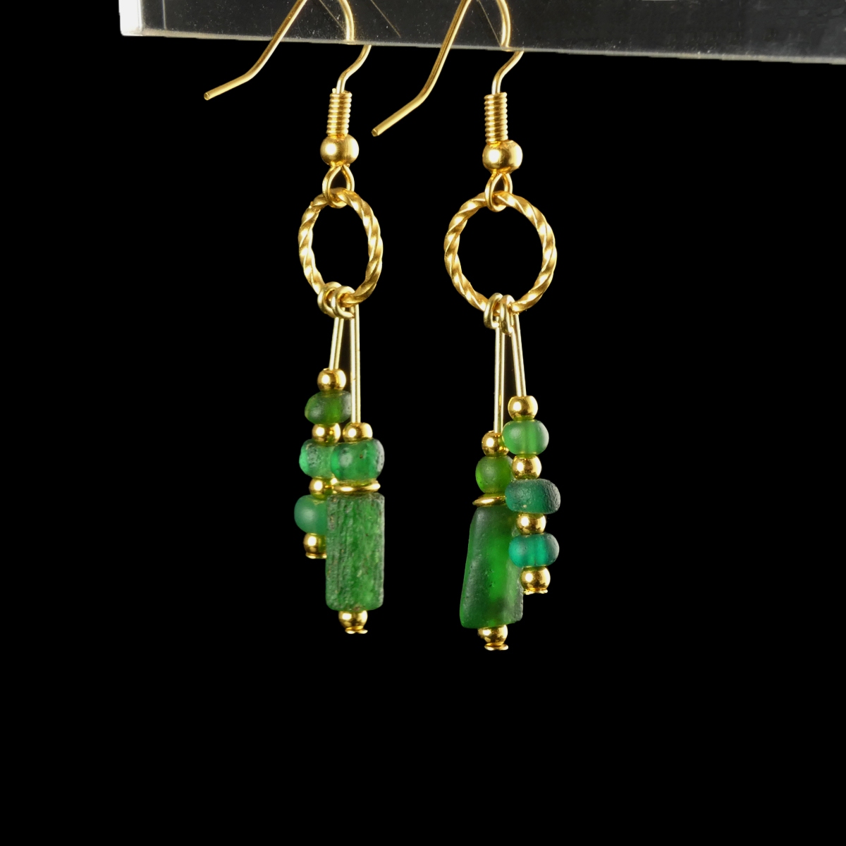 Earrings with Ancient Roman Green Glass Beads