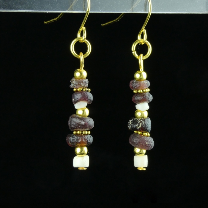 Earrings with Ancient Roman Purple Glass and Shell Beads
