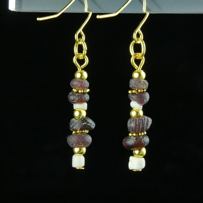 Earrings with Ancient Roman Purple Glass and Shell Beads