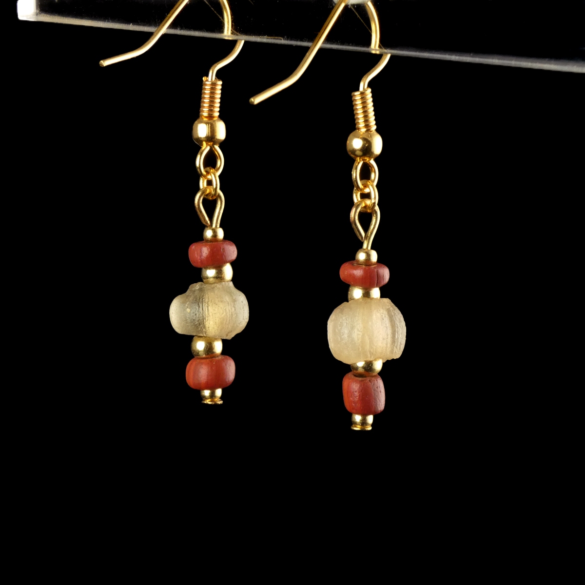 Earrings with Ancient Roman Red and Semi-Translucent Glass Beads