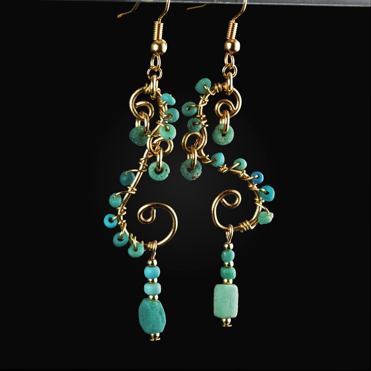 Earrings with Ancient Roman Turquoise Glass Beads - Wire-Wrapped Design