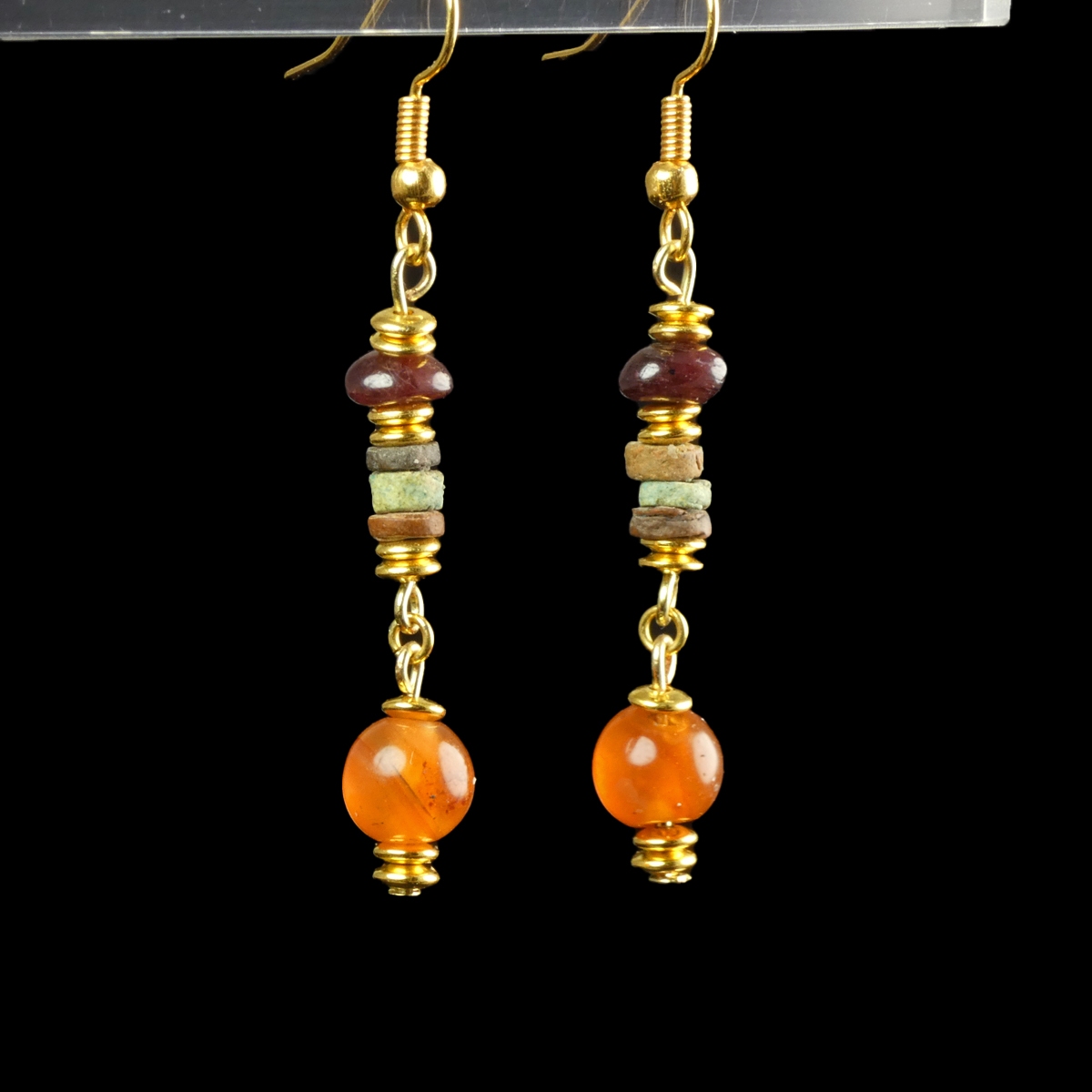 Earrings with Egyptian faience, carnelian and garnet beads