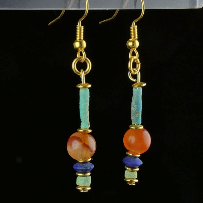 Earrings with Egyptian faience, carnelian and Lapis beads