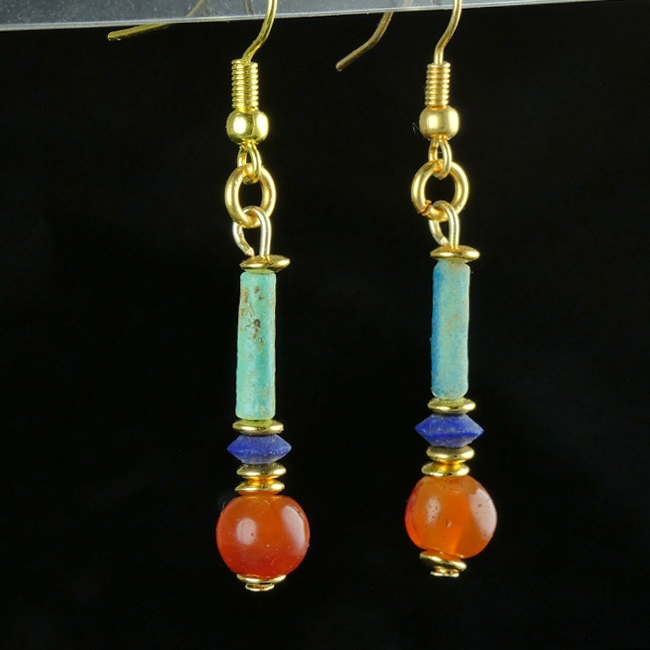 Earrings with Egyptian faience, carnelian and Lapis beads