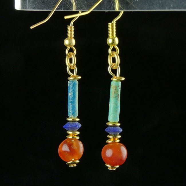 Earrings with Egyptian faience, carnelian and Lapis beads