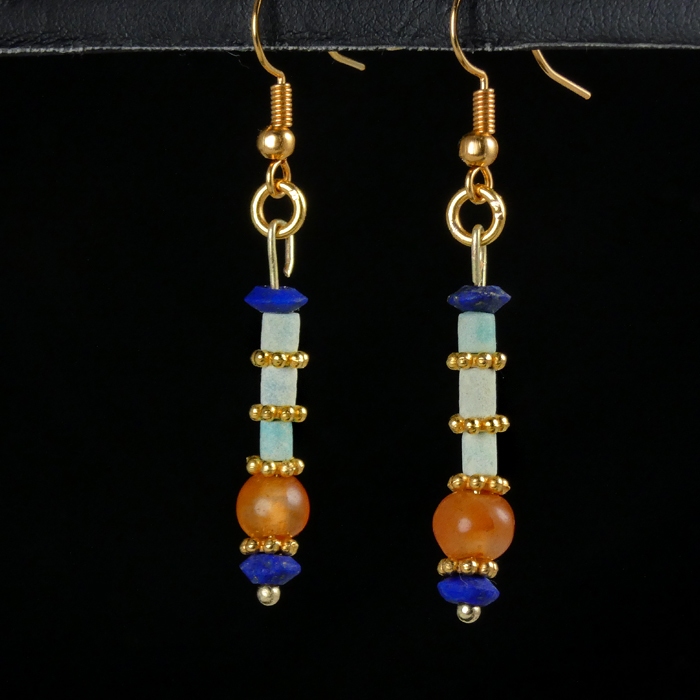 Earrings with Egyptian faience, lapis and carnelian beads