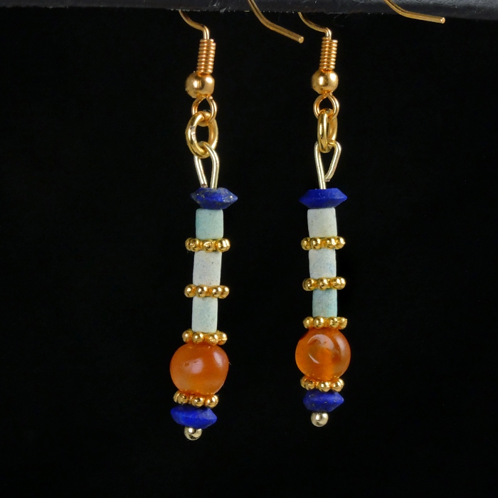 Earrings with Egyptian faience, lapis and carnelian beads
