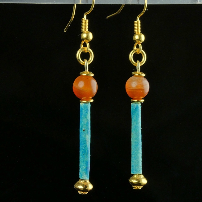 Earrings with Egyptian faience and carnelian beads