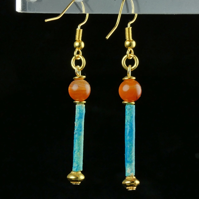 Earrings with Egyptian faience and carnelian beads