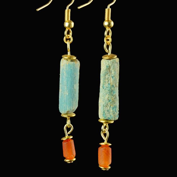 Earrings with Egyptian faience and carnelian beads