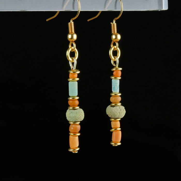 Earrings with Egyptian faience and coral beads