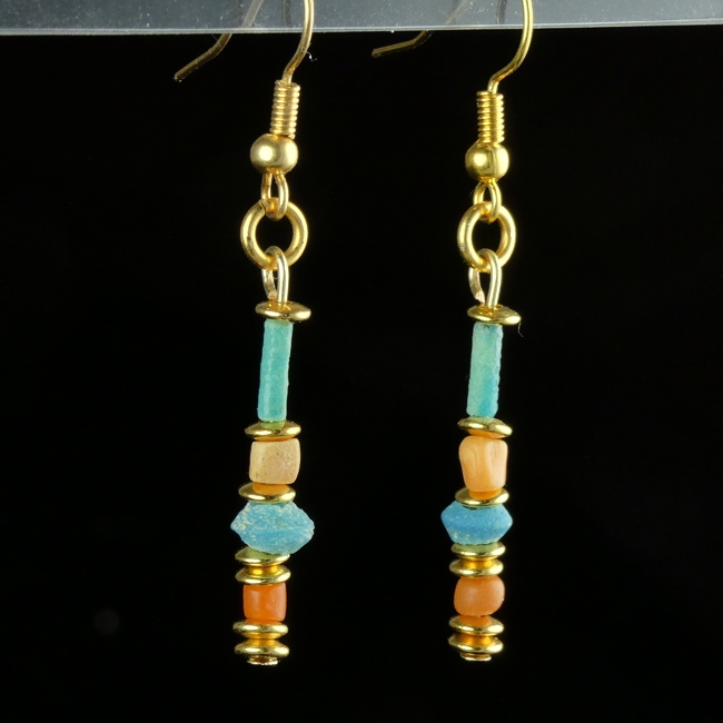 Earrings with Egyptian faience and coral beads