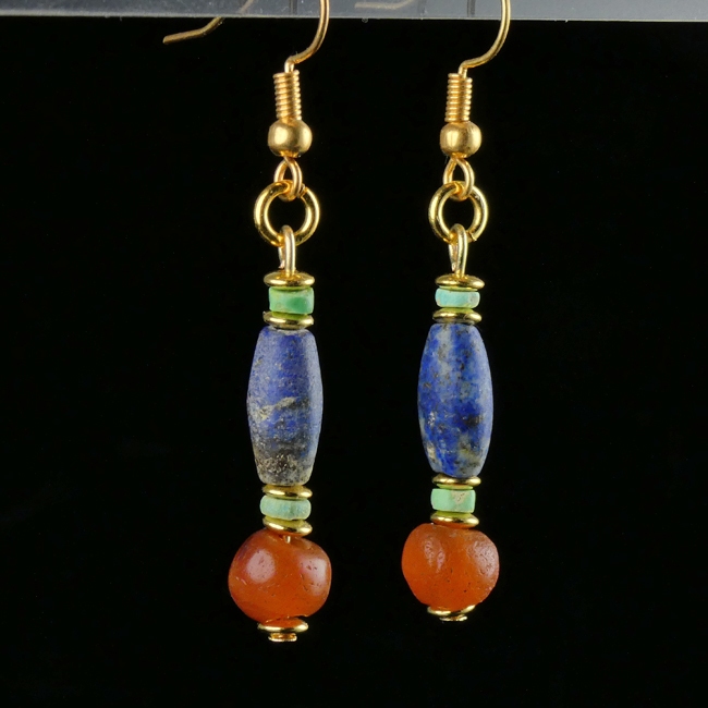 Earrings with Egyptian Lapis, carnelian and faience beads