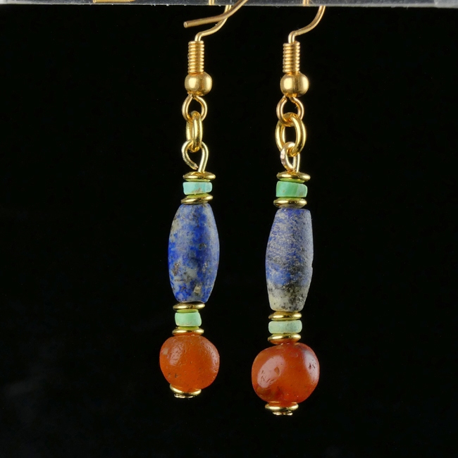 Earrings with Egyptian Lapis, carnelian and faience beads