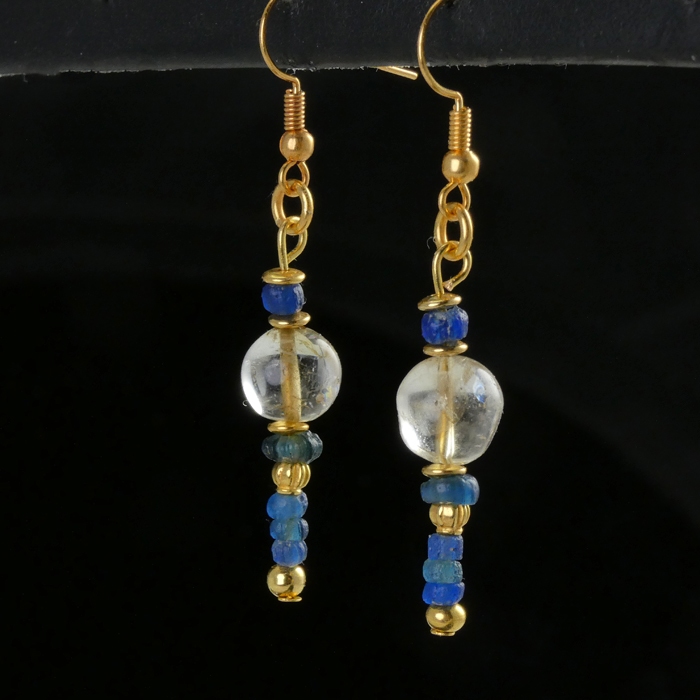 Earrings with Roman blue glass and ancient crystal beads