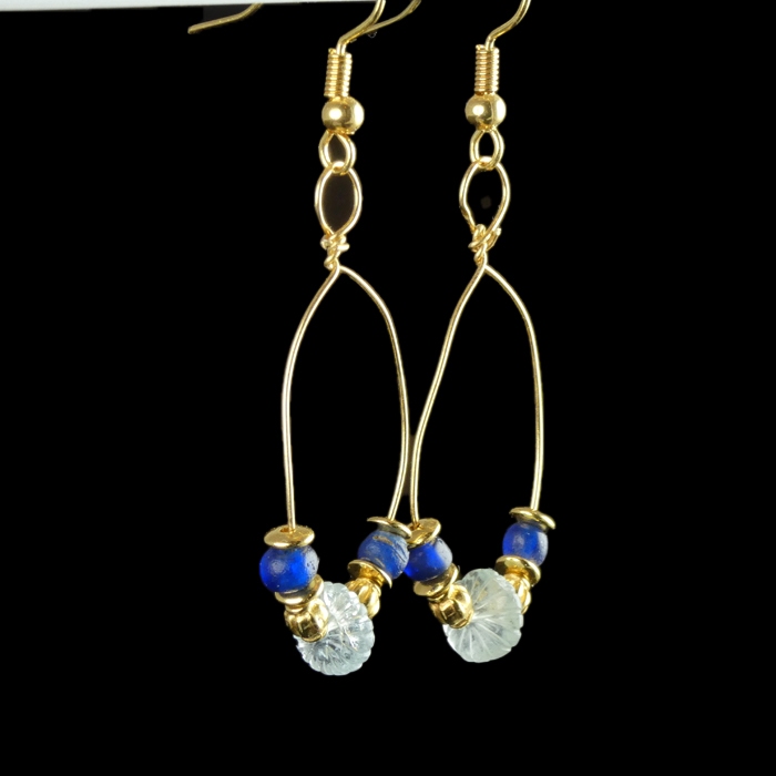 Earrings with Roman blue glass and crystal melon beads