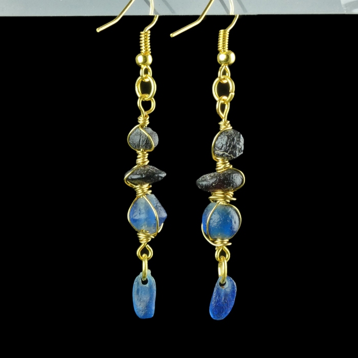 Earrings with Roman Blue Glass Beads - Wire-Wrapped Design