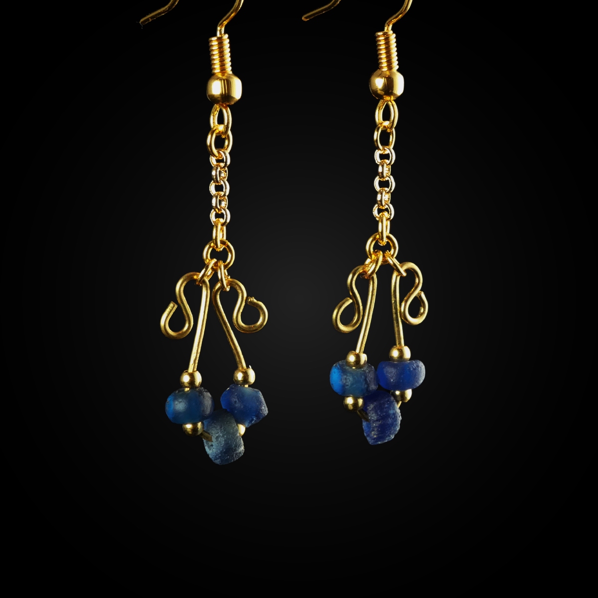 Earrings with Roman Blue Glass Beads - Wire-Wrapped Design