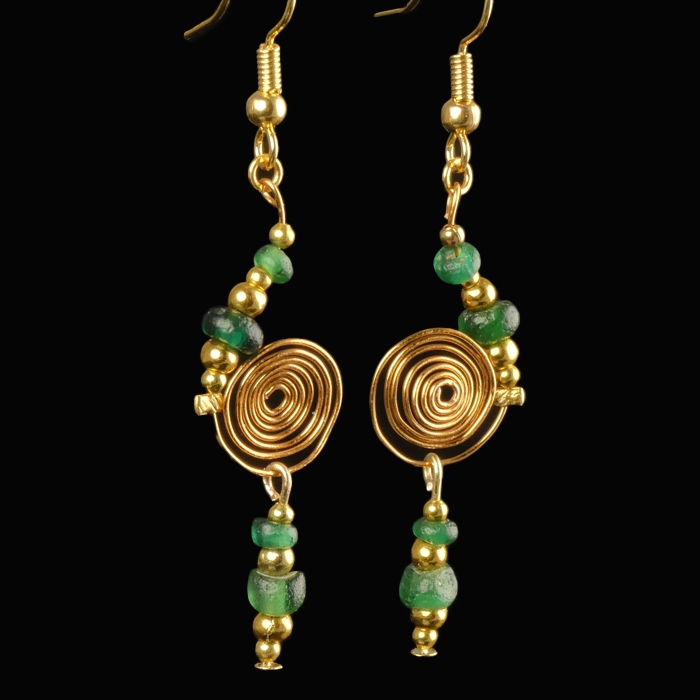 Earrings with Roman green glass beads - spiral design