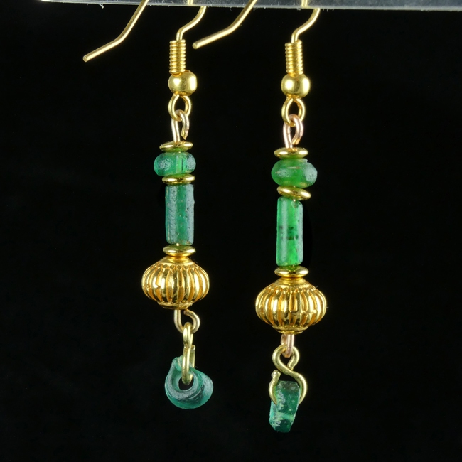 Earrings with Roman green glass beads