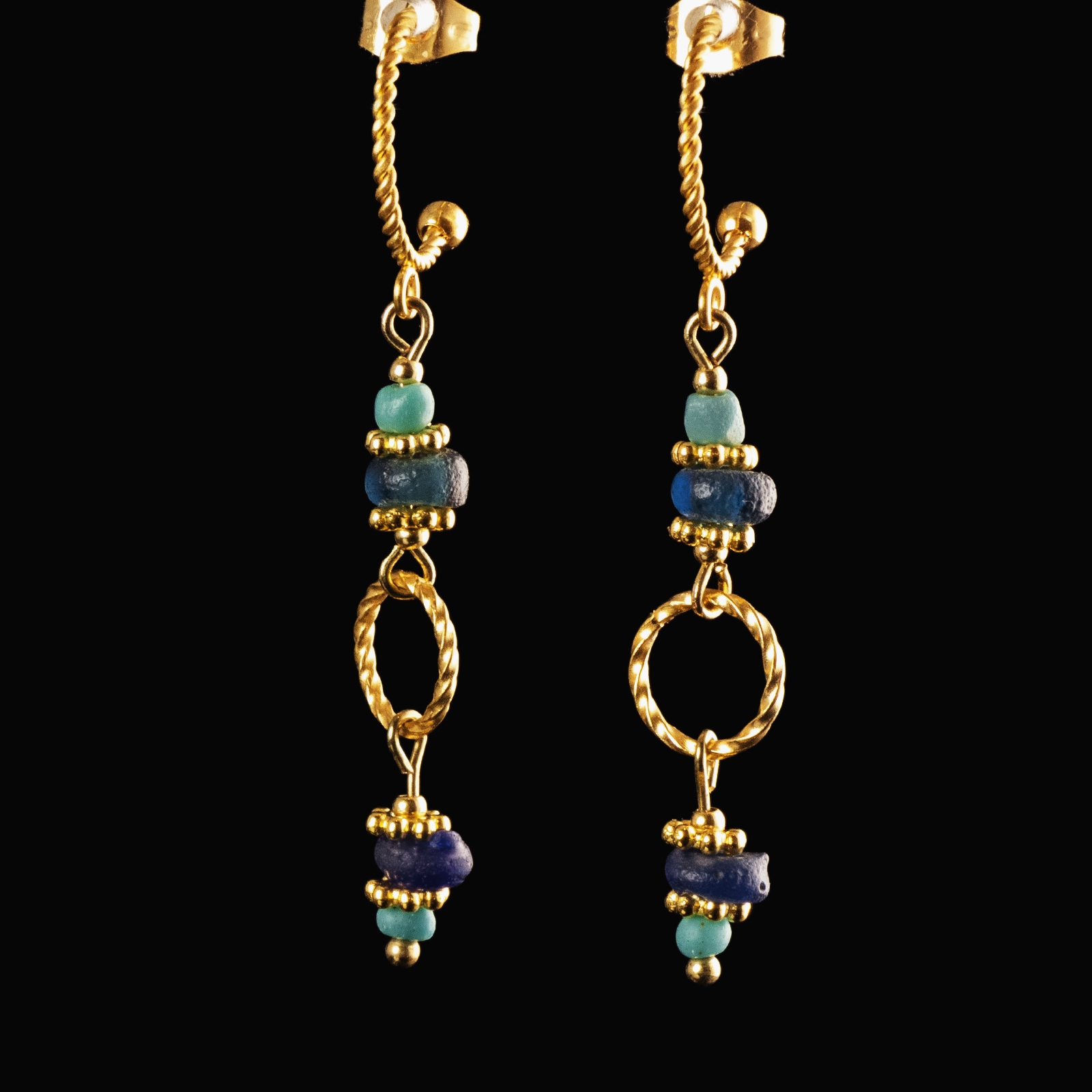Earrings with Roman turquoise and blue glass beads