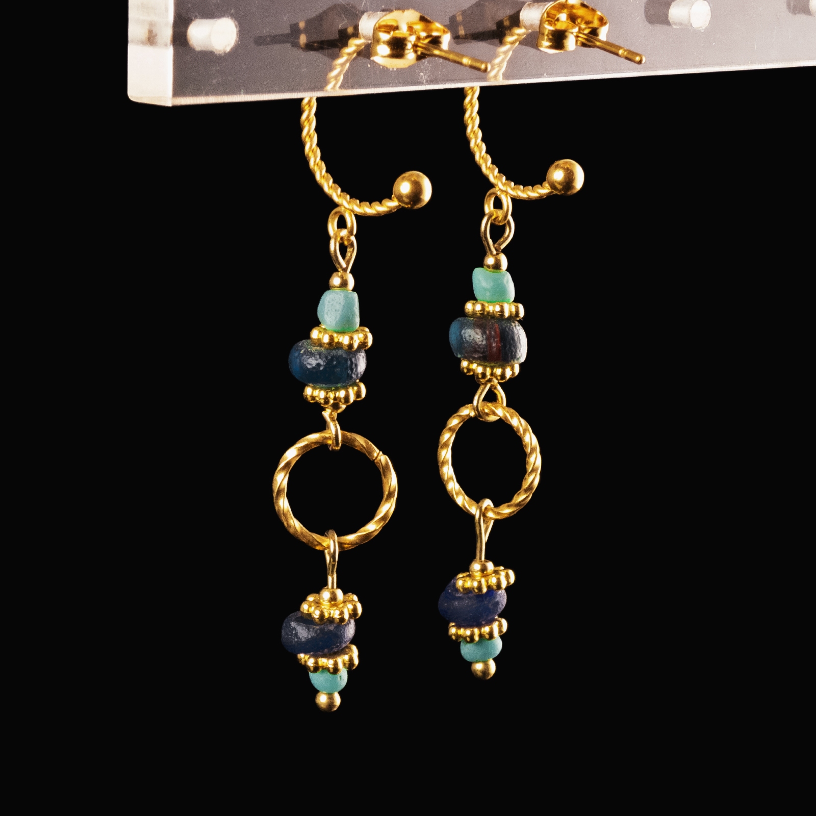 Earrings with Roman turquoise and blue glass beads