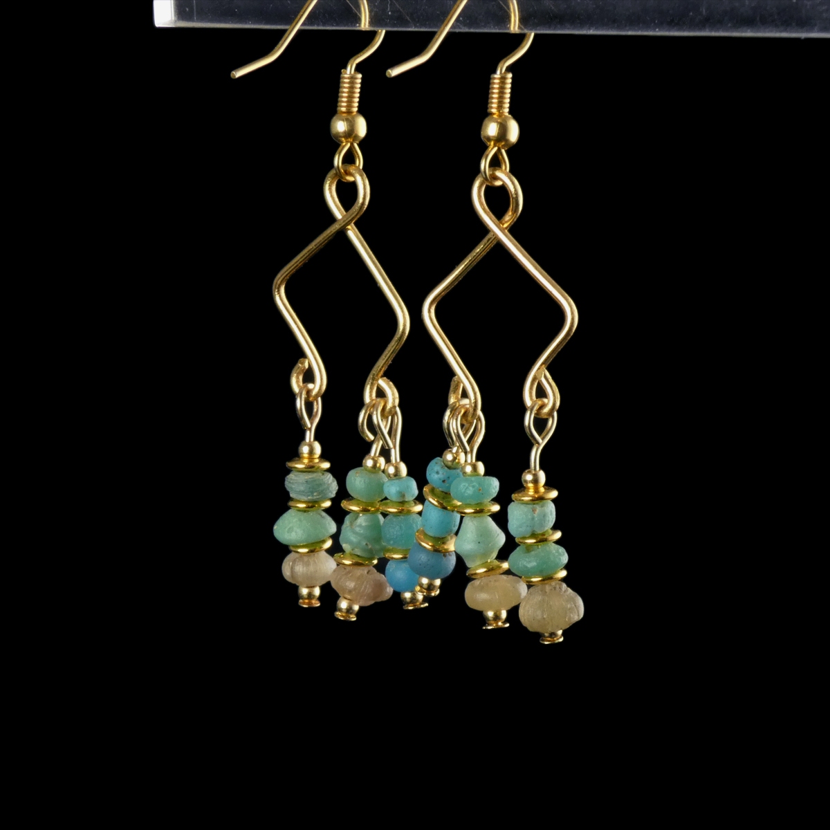 Earrings with Roman turquoise and semi-translucent glass beads