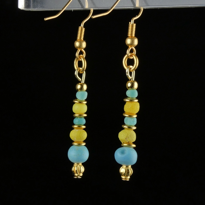 Earrings with Roman turquoise and yellow glass beads