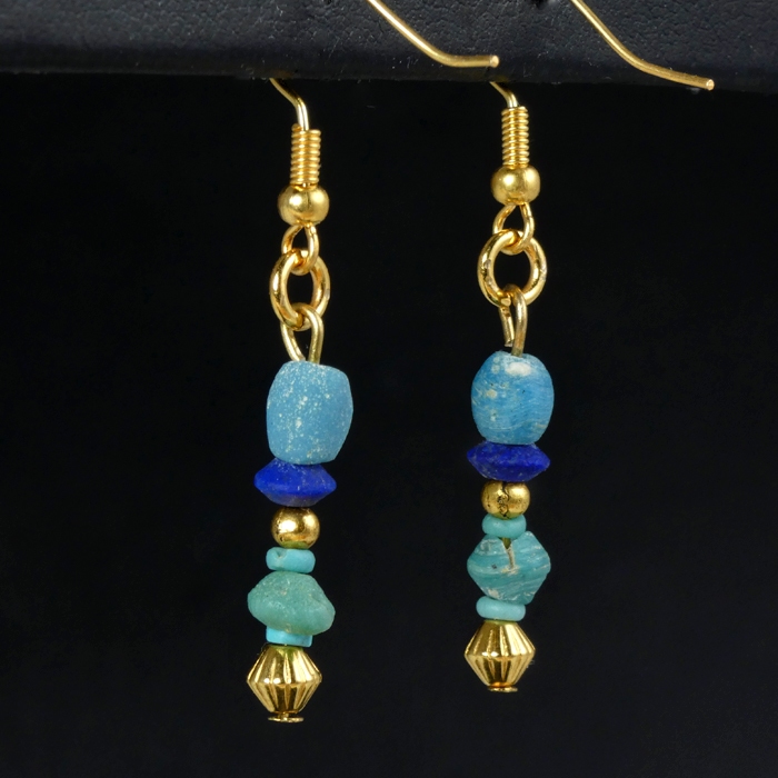 Earrings with Roman turquoise glass and lapis lazuli beads