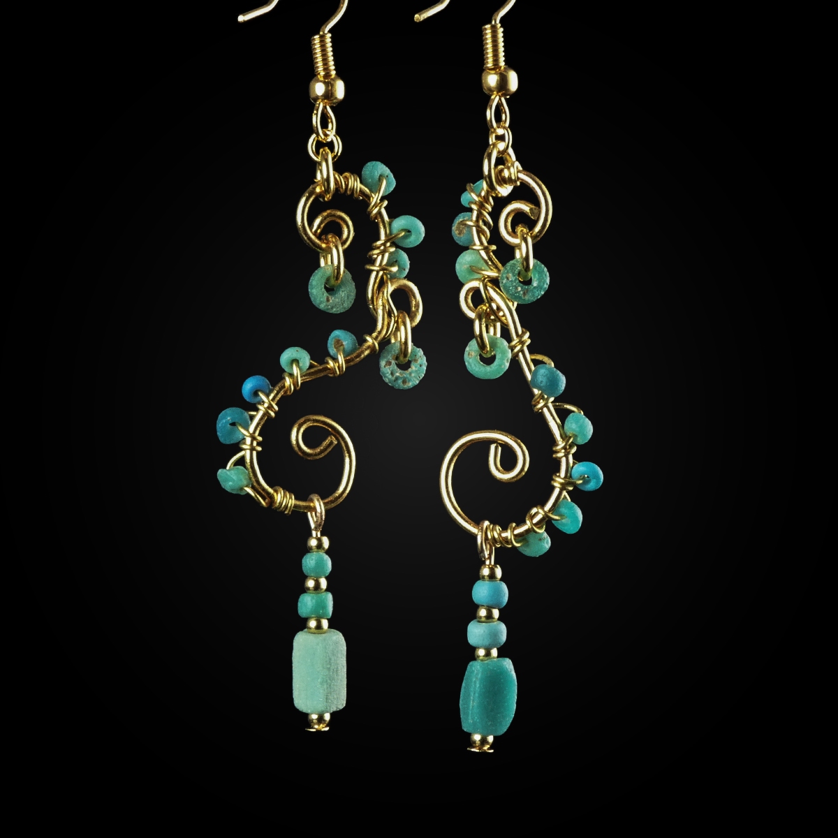 Earrings with Roman Turquoise Glass Beads - Wire-Wrapped Design