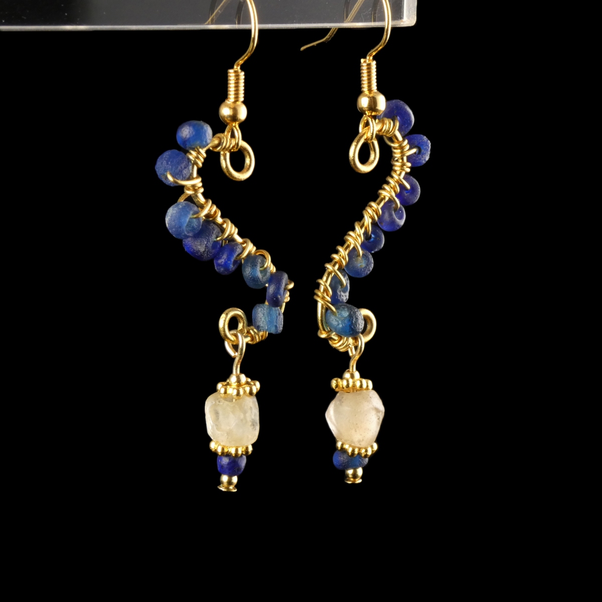 Earrings with Roman wire-wrapped blue and semi-translucent glass beads