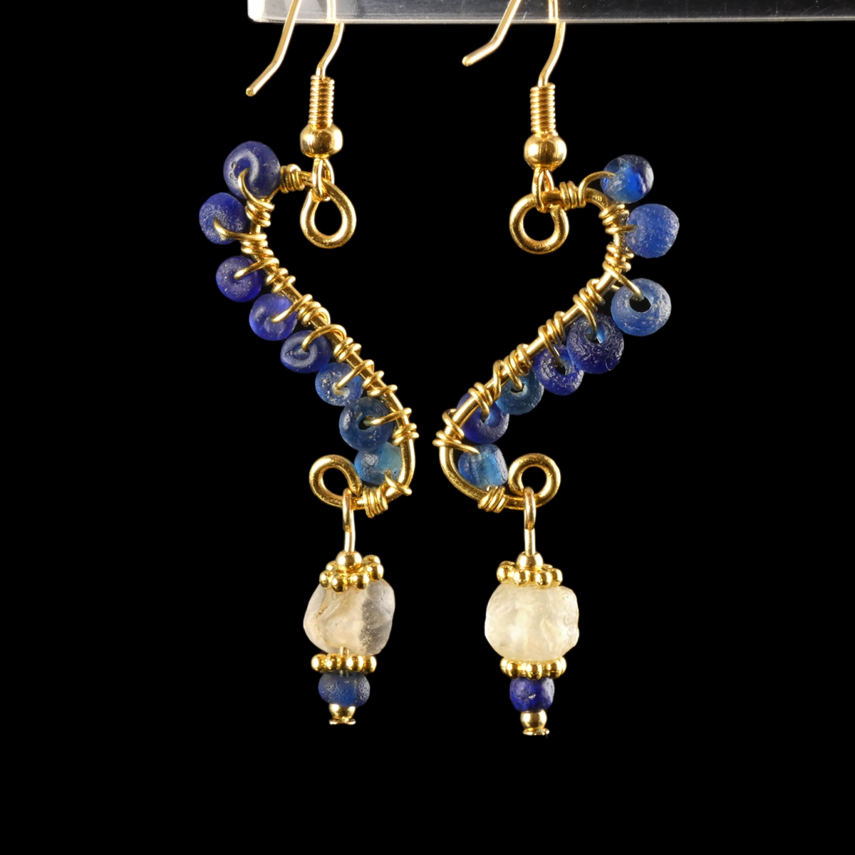 Earrings with Roman wire-wrapped blue and semi-translucent glass beads
