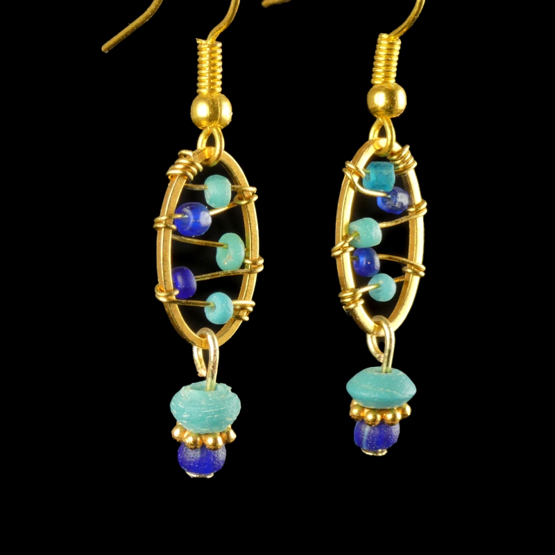 Earrings with Roman wire-wrapped blue and turquoise beads