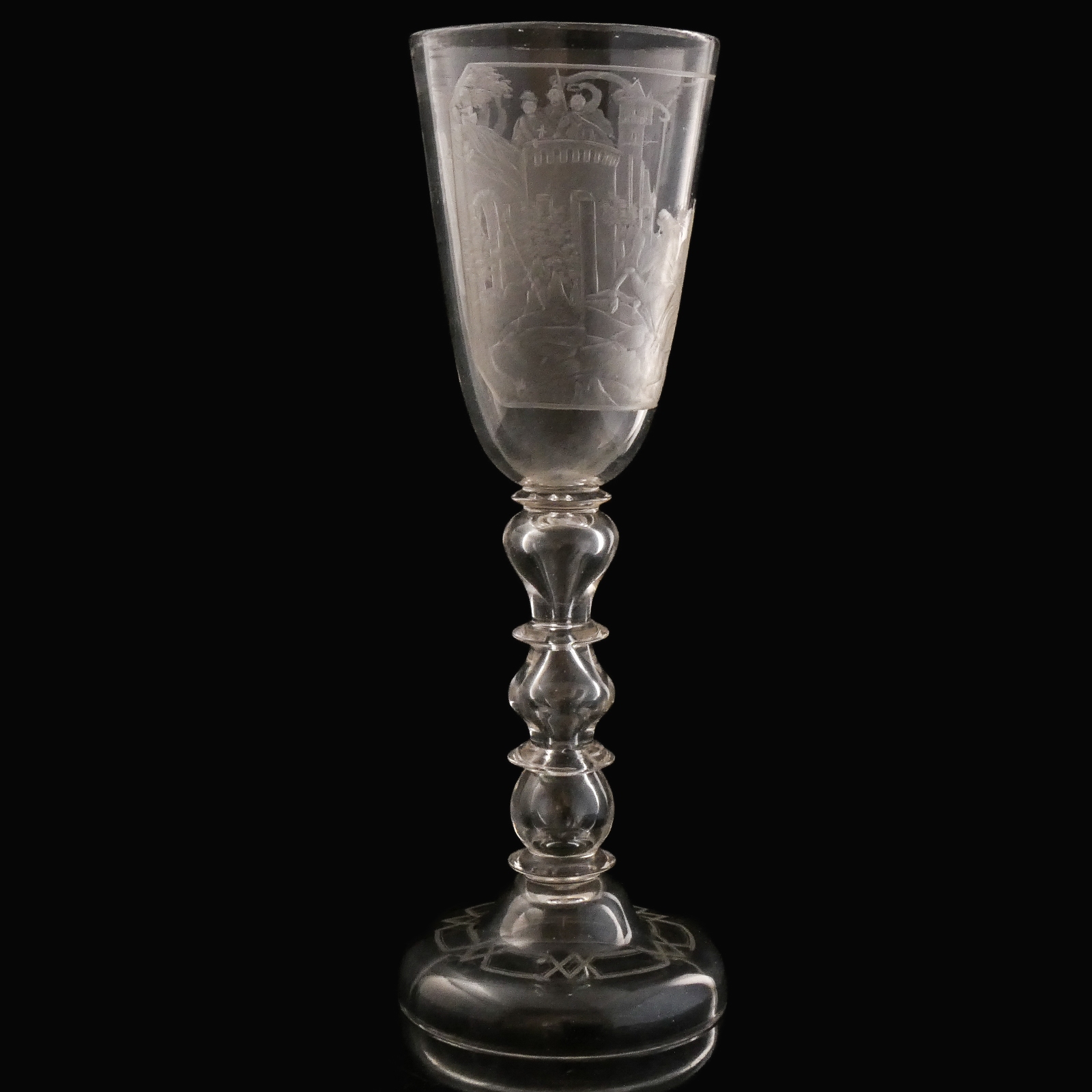Germany, large engraved glass goblet with armorial and martial scene, Bohemian or Thuringian