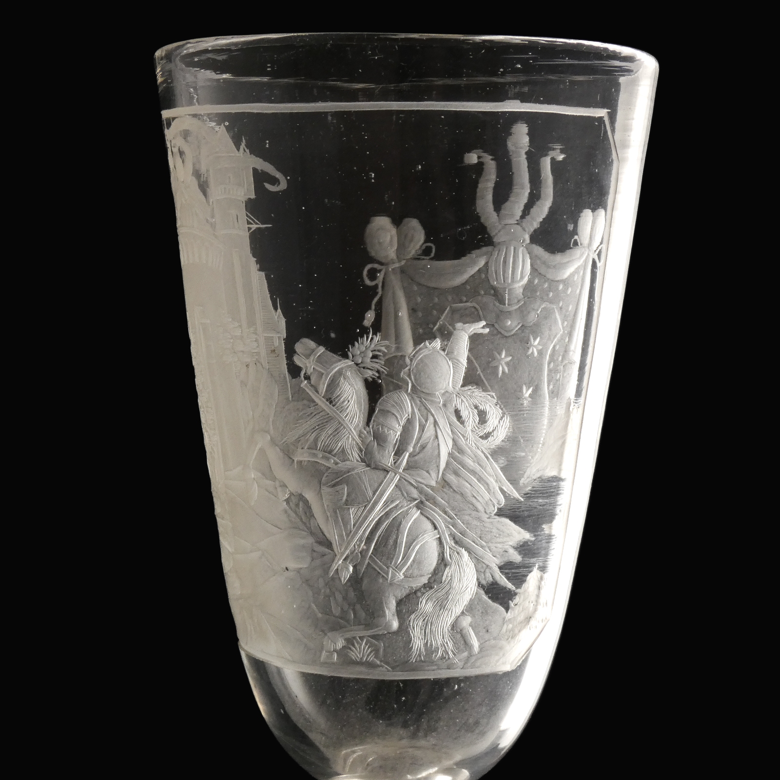 Germany, large engraved glass goblet with armorial and martial scene, Bohemian or Thuringian