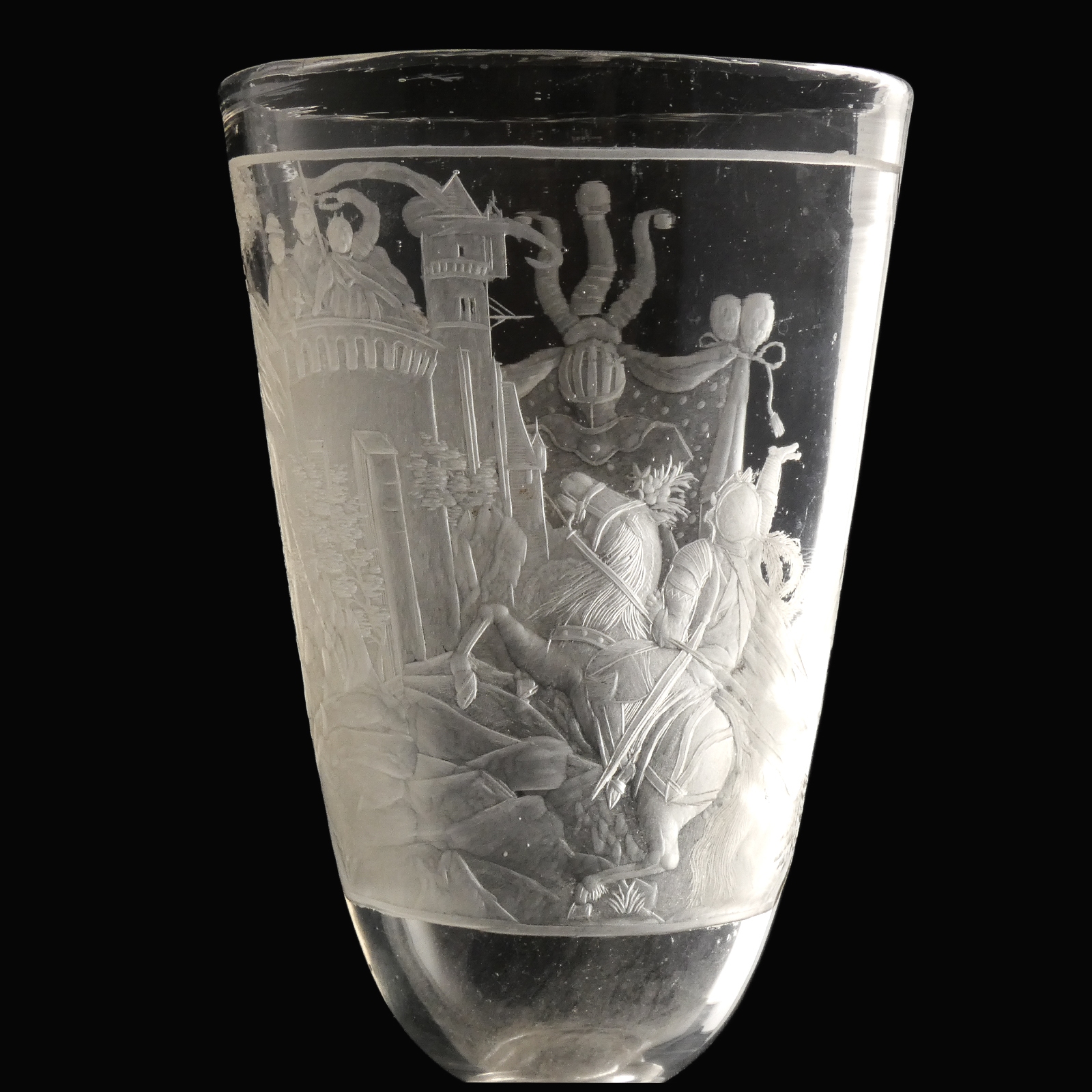 Germany, large engraved glass goblet with armorial and martial scene, Bohemian or Thuringian