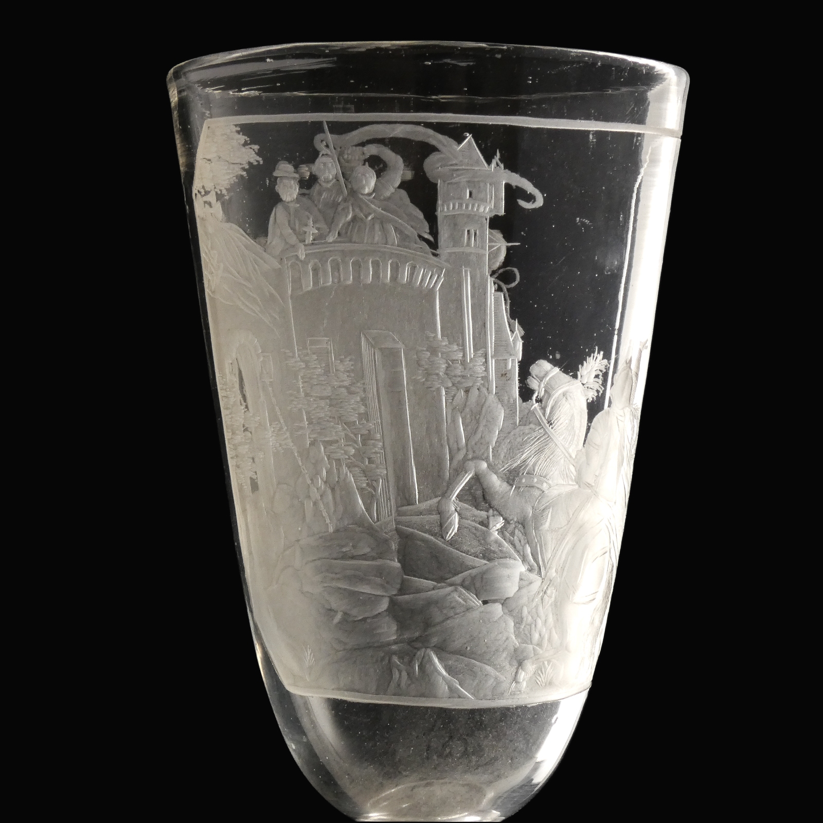 Germany, large engraved glass goblet with armorial and martial scene, Bohemian or Thuringian