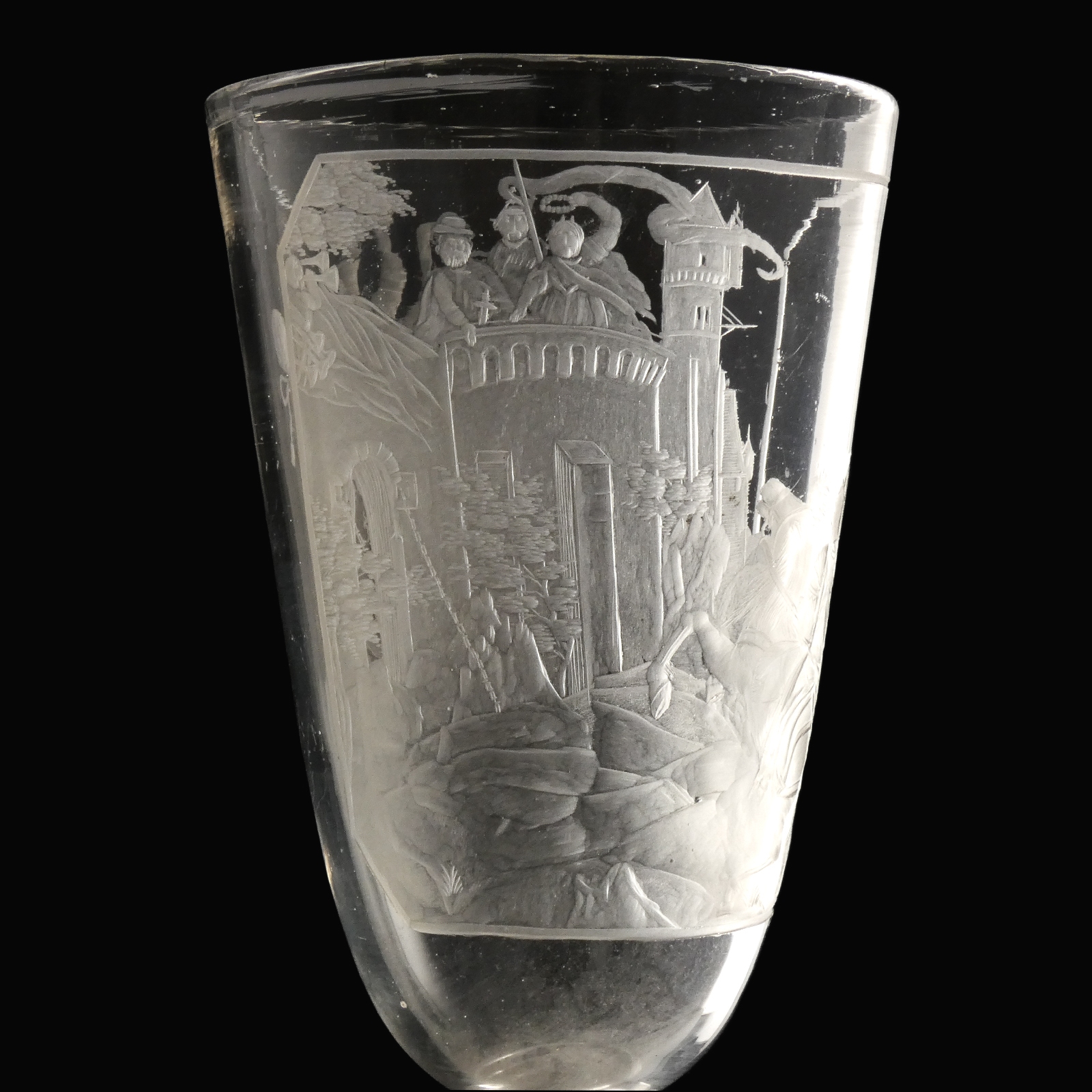 Germany, large engraved glass goblet with armorial and martial scene, Bohemian or Thuringian