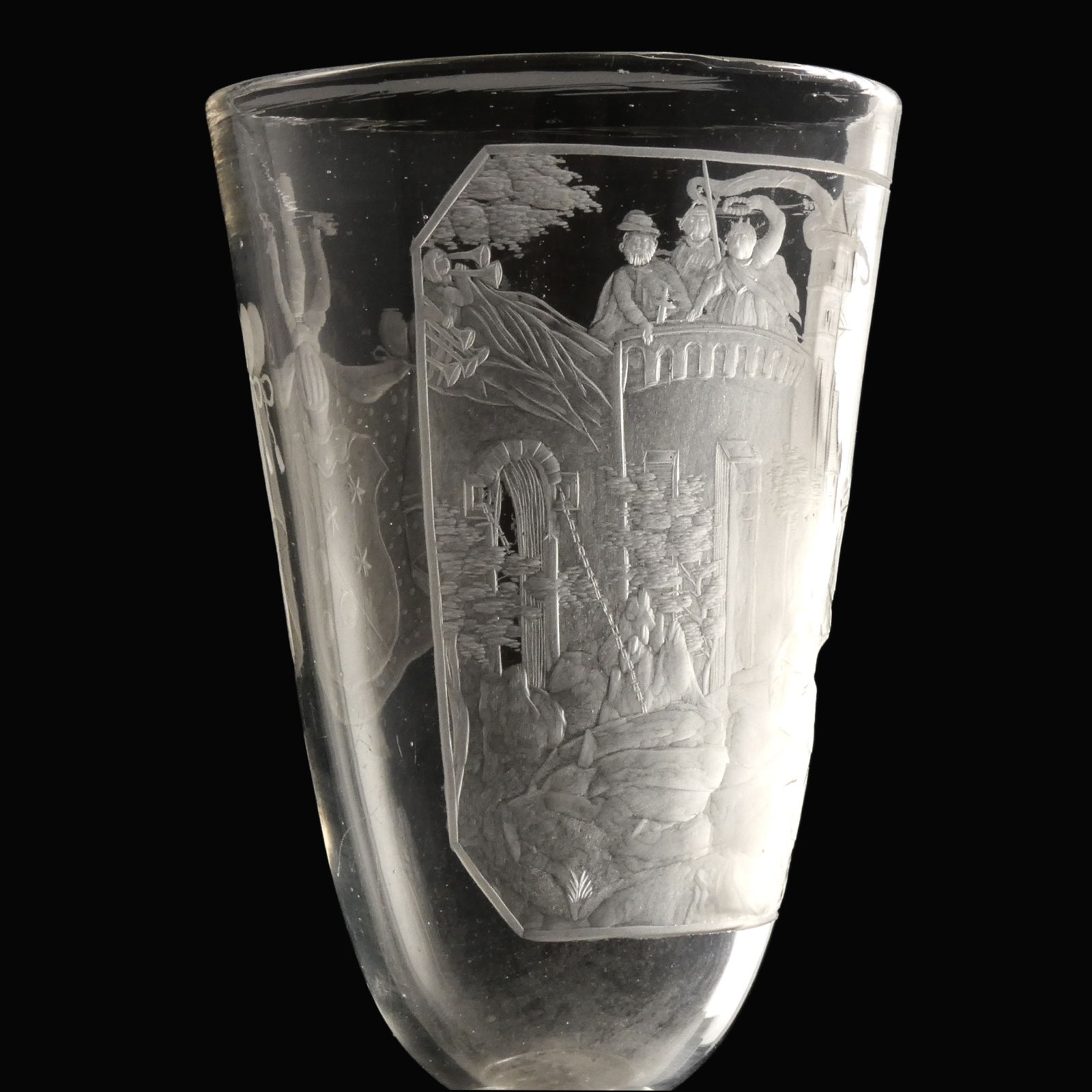 Germany, large engraved glass goblet with armorial and martial scene, Bohemian or Thuringian