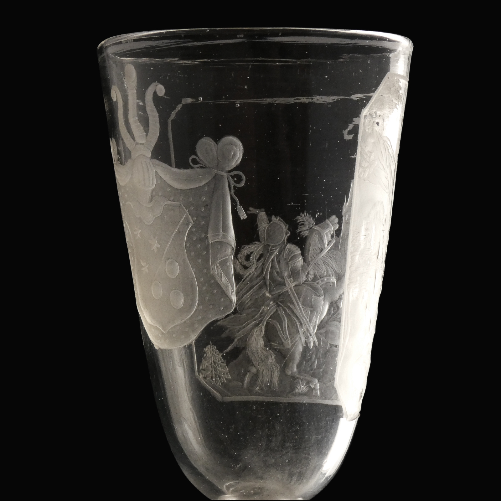 Germany, large engraved glass goblet with armorial and martial scene, Bohemian or Thuringian