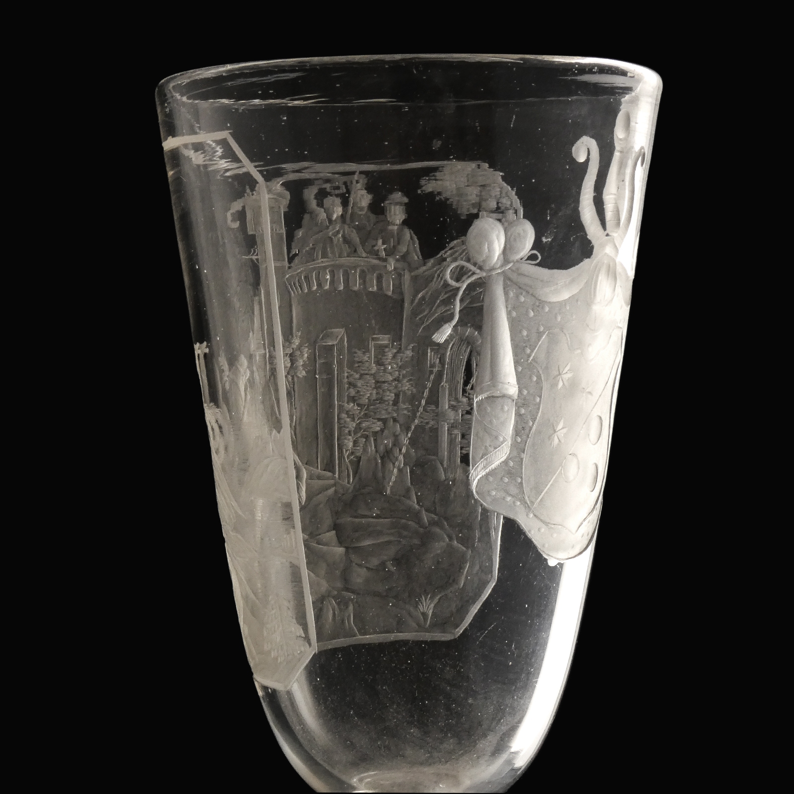 Germany, large engraved glass goblet with armorial and martial scene, Bohemian or Thuringian
