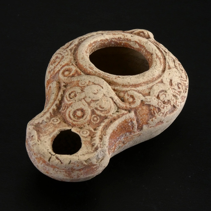 Holy Land, ancient Roman Beit-Nattif decorated oil lamp